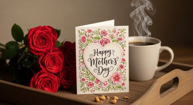 Show your love with this stunning Mother's Day card and fresh red roses, a perfect gift accompanied by a warm cup of coffee
