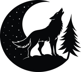 Wolf Howling At Moon Silhouette | Wildlife Animal Vector Design