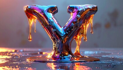 A large, metallic letter "Y" is melting on a reflective surface, reflecting vibrant color gradients and creating interesting drips