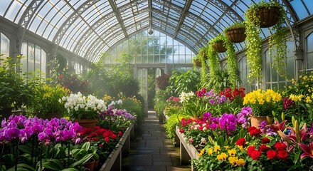 Beautiful Greenhouse Filled with Flowers.