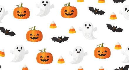 Naklejka premium Seamless Halloween Pattern with Cute Pumpkins, Ghosts, Bats, and Candy Corn