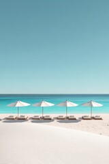 Obraz premium Serene Tropical Beach with Four White Umbrellas and Turquoise Ocean Under Clear Blue Sky.