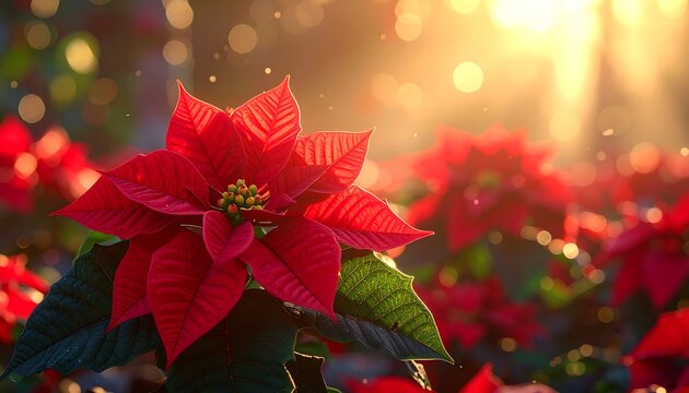 A close-up of a bright red poinsettia flower with other poinsettias in the background, captured in natural sunlight. Bokeh effect