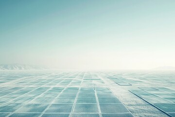 A vast, grid-patterned icy or snow-covered landscape extends under a hazy, bright blue sky, evoking a cold, expansive, and somewhat surreal environment.