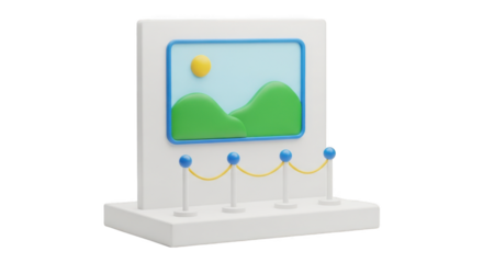 3d rendering of a museum exhibit with a landscape painting isolated on transparent background