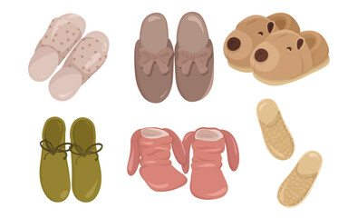 A detailed illustration of different cozy home slippers in pastel and warm colors, showing a collection of comfortable indoor shoes isolated on white background for lifestyle, fashion, and comfort des