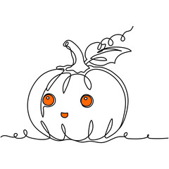 Outline of the profile of a chibi pumpkin in one line. Cute Halloween illustration. Funny monster
