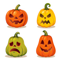Halloween pumpkin set with carved faces. Vector illustration of spooky, funny, scary jack o lanterns in orange, yellow and green colors. Cartoon holiday clipart collection.