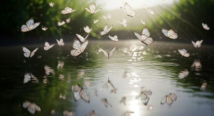 Graceful butterflies flutter over shimmering water, bathed in soft golden sunlight, creating a magical and serene natural scene of transformation and beauty.
