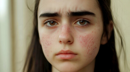 Fototapeta premium Portrait of a Young Woman with Problem Skin, Acne, or Rosacea