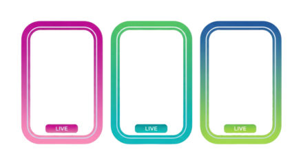 Three colorful live stream frames isolated on transparent background for social media