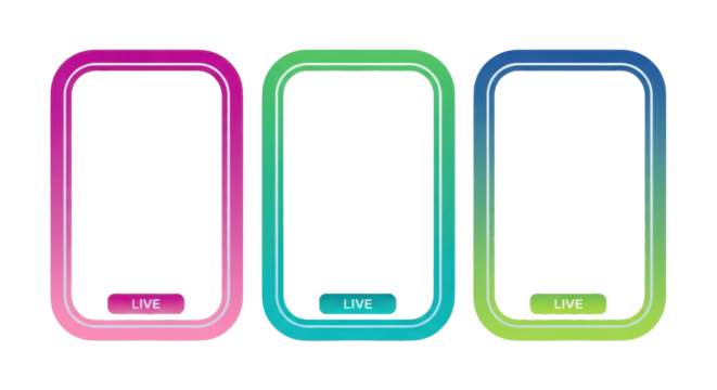 Three colorful live stream frames isolated on transparent background for social media
