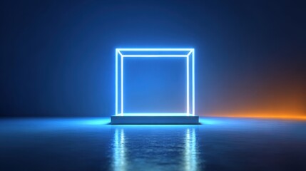 Bright blue neon square frame on a reflective surface illuminated in a dark setting