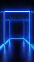 Vibrant blue neon corridor creates an illusion of depth in a modern space at night
