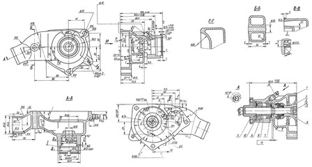 Cooling water pump of truck and its housing.
Engineering assembly mechanical drawing of automotive 
device on paper sheet. Industrial cad scheme. 
Technology design of machine building industry.
