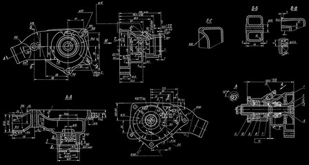 Cooling water pump of truck and its housing.
Engineering assembly mechanical drawing of automotive 
device on paper sheet. Industrial cad scheme. 
Technology design of machine building industry.
