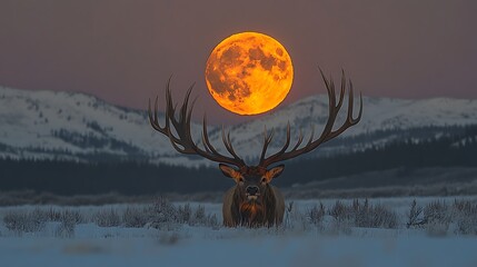 Elk under full orange moon