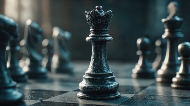 Intriguing close-up of a regal chess queen surrounded by other pieces in a dimly lit setting