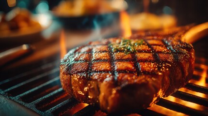 Grilled steak cooking over open flames at a lively outdoor barbecue gathering in the evening