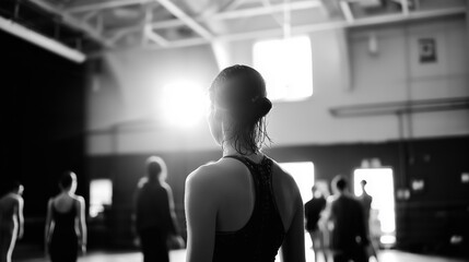 A young female dancer stands in a studio, illuminated by bright light, preparing for her performance among fellow dancers.