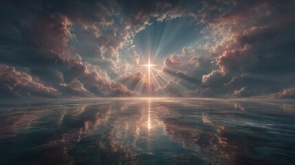Sunrise over calm water with clouds and rays of light shining through the sky