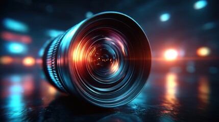 Capturing light and motion with a camera lens on a reflective surface in a vibrant setting