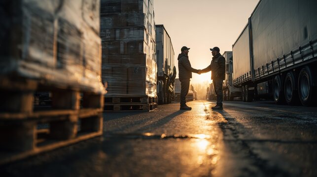 Two male truck drivers shake hands in a warm sunset, surrounded by parked trucks and pallets, symbolizing partnership and teamwork.