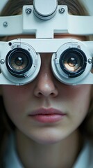 Eyeglasses fitting session at an optometry clinic showing a woman using a phoropter for vision testing
