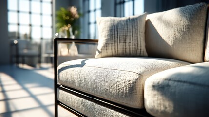 Modern living room with stylish sofa capturing warm sunlight and a cozy atmosphere