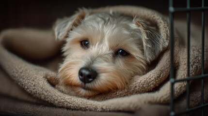 Cozy dog wrapped in a soft blanket resting inside a crate during a quiet evening