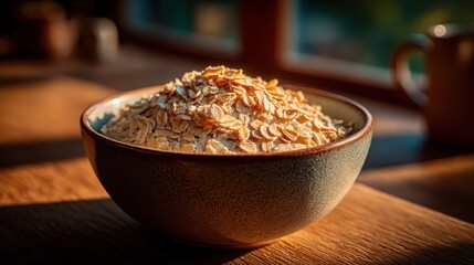 Bowl of oats on wooden table with sunlight streaming in, creating a warm and inviting morning atmosphere