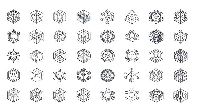 Abstract Isometric Geometric Line Art Icons Set - Data, Network, Blockchain, AI, Technology Concepts.