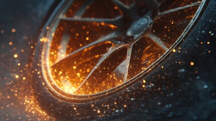 Sparks flying from a wheel in motion during a racing event under dramatic lighting
