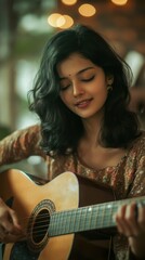Young woman plays acoustic guitar, enjoying music in cozy cafe setting during afternoon hours