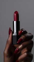 Bold red lipstick held by a hand with manicured nails against a grey background in a stylish setting