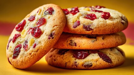 Freshly baked cookies with cranberries and nuts stacked on a vibrant yellow background