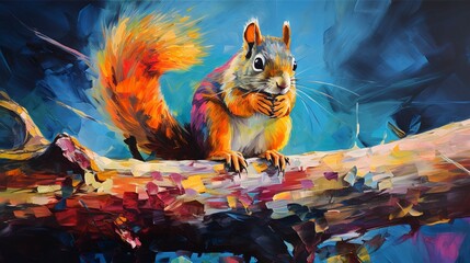 Squirrel neon oil paintings thick brushstrokes