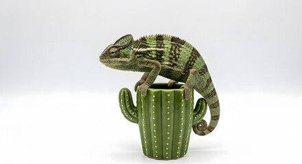 Plakat Chameleon perched on a green cactus planter with a neutral background 