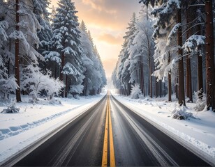 Snowy road through a forest at sunrise