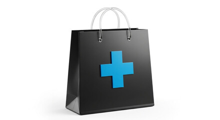 Obraz premium Modern black shopping bag featuring a vibrant blue plus sign symbol, perfect for health and wellness brands, pharmacies, or medical supplies.