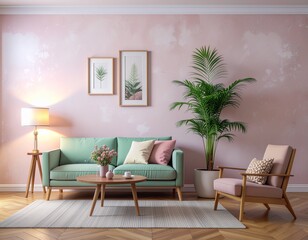 Wnętrze salonu w pastelowych kolorach z kanapą, fotelem , stolikiem, roślinami, lampą, obrazami