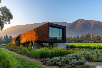A stunning example of modern architectural design is showcased within a picturesque vineyard, nestled amidst majestic mountains, as the sun rises, creating a serene and tranquil atmosphere