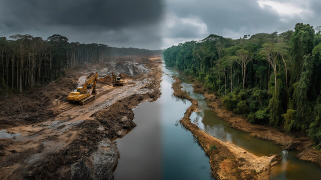Split Amazon: Open-Pit Deforestation vs. Pristine Rainforest Along a Divided River