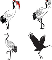 Naklejka premium crane vector illustration silhouette cute birds catch fish with white background