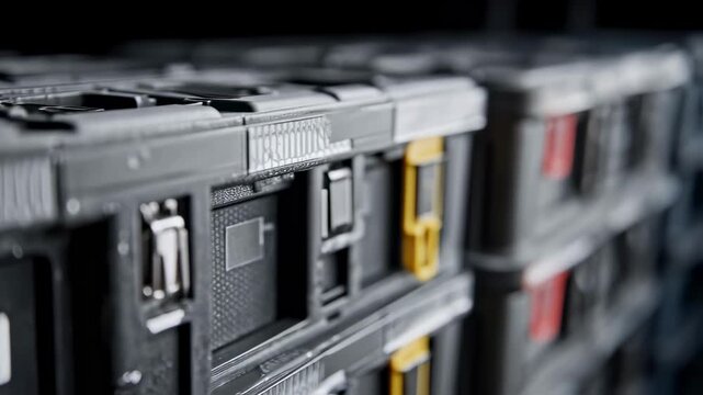 Macro dolly shot showing details of a professional modular toolbox system with interlocking latches and textured plastic, organized in a neat row for efficient storage and transport