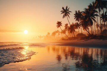 Vibrant Golden Sunset Bathes Tropical Beach, Silhouetting Palm Trees and Reflecting on Wet Sand with Gentle Ocean Waves.