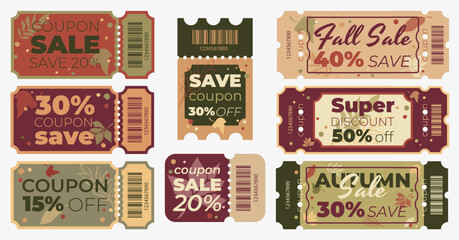 A set of coupons for discounts and sales in autumn season.