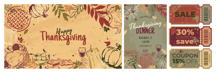 A set of poster, dinner invitation and Thanksgiving discount coupons. Vintage ornament with hand-drawn pumpkin pie, pumpkin, turkey and autumnal mood.