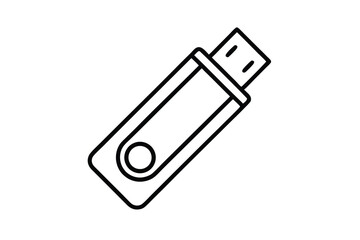 Depicted on white is a solitary, black line art USB drive showing storage