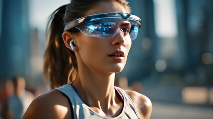 Young Woman in Futuristic Smart Glasses Training Outdoors - Powered by Adobe